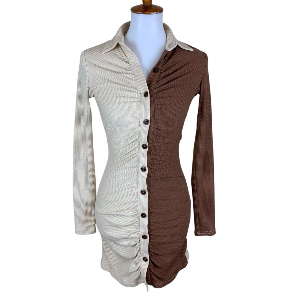Princess Polly Two-Tone Beige and Brown Ribbed Button-Down Mini Dress